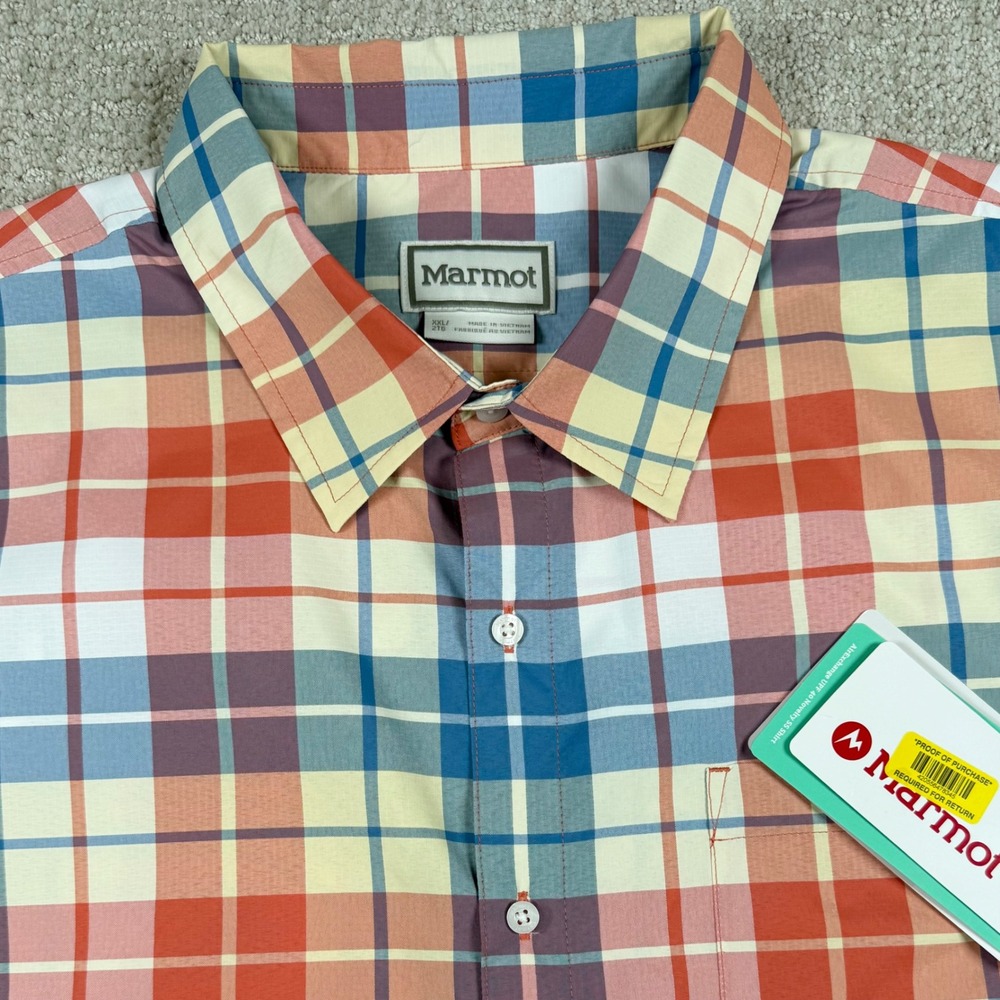 NEW Marmot Men 2XL Pomelo Wayland Plaid AirExchange UPF40 Novelty Button Shirt